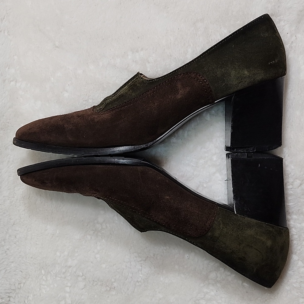 SalvatoreFerragamo Albia Vintage Chocolate Brown Green Suede Heel Loafers Sz8.5 - Picture 2 of 16